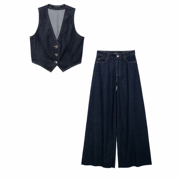 Fashionable and versatile wide leg comfortable casual high waisted denim top+pants set