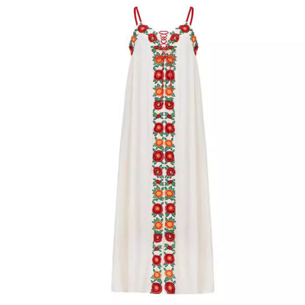 Colorful flower embroidery V-neck backless camisole vacation dress long skirt