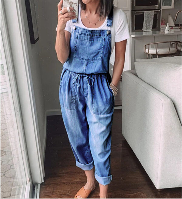 Spring Summer Drawstring Denim Overalls Women's Simple Casual With Stylish Pocket Slim Slim Feet Denim Pants - Image 2