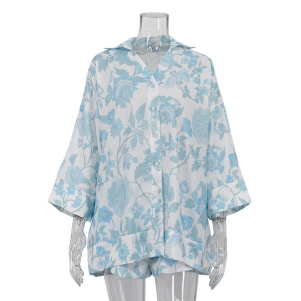 Printed Set Summer Women's Casual Loose Long Shirt High Waist Shorts with Belt Two Piece Set - Image 4