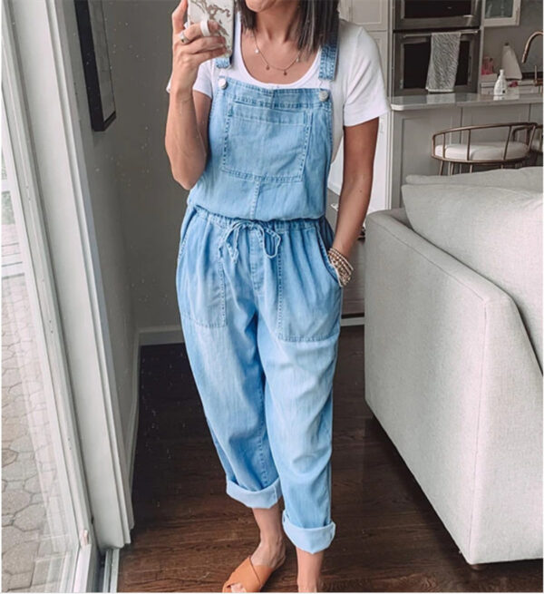 Spring Summer Drawstring Denim Overalls Women's Simple Casual With Stylish Pocket Slim Slim Feet Denim Pants - Image 4