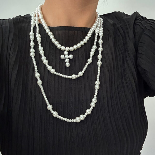 Cold wind imitation pearl tassel multi-layer necklace geometric cross pendant collarbone chain - Image 2