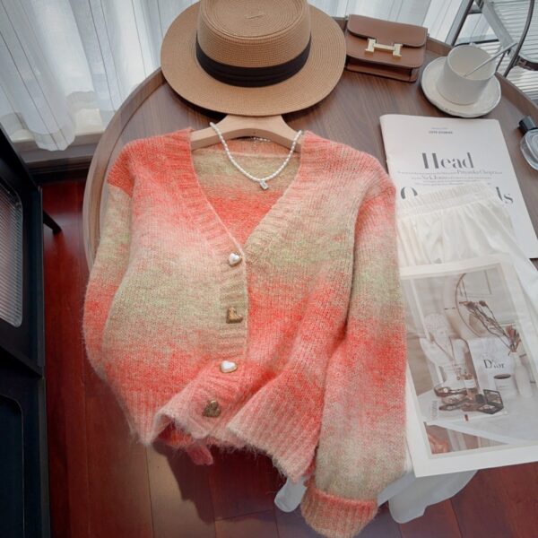 Tie dye gradient sweater jacket for women V-neck mohair knit cardigan for women - Image 4