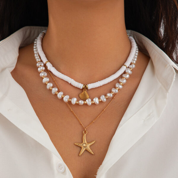 Beach style ocean shell bead necklace Baroque imitation pearl starfish collarbone chain - Image 4