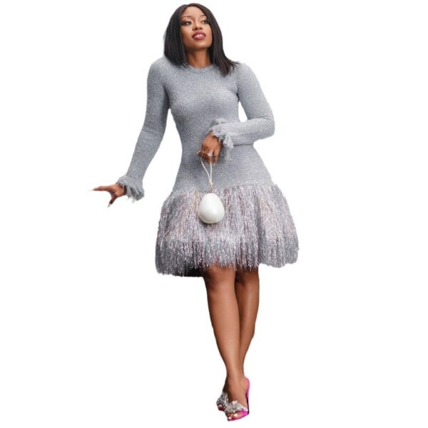 European and American women's fashionable solid color long sleeved tassel slim fit short dress - Image 5