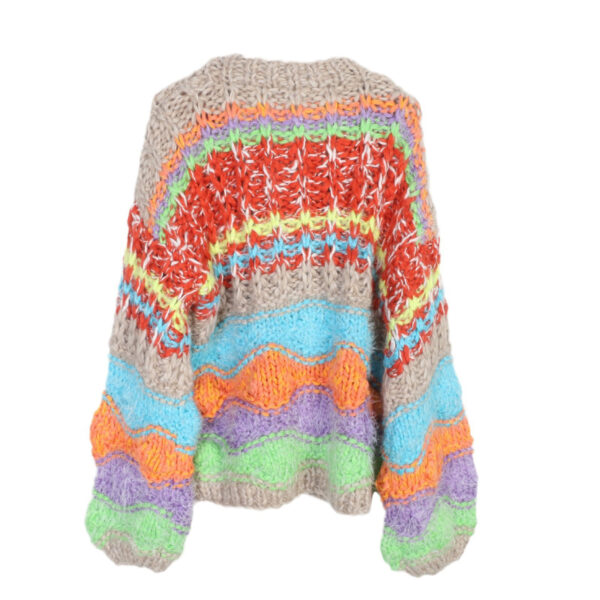 Autumn and winter sweater top, loose and lazy rainbow stripes, handmade thick rod needle V-neck knitted cardigan jacket for women, thick - Image 4