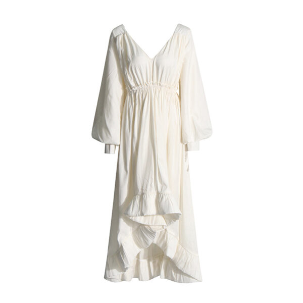 Fashionable and elegant style, deep V-neck lantern sleeves, pleated lotus leaf edge length dress for women - Image 4