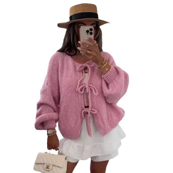 Round neck tie knitted cardigan jacket autumn and winter new style solid color commuting simple sweater for women - Image 5
