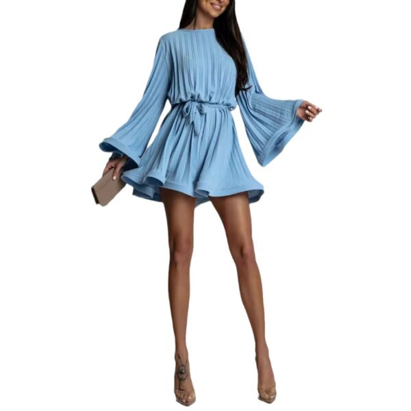 Fashionable and loose lace up waist with pleated style women's short dress - Image 6