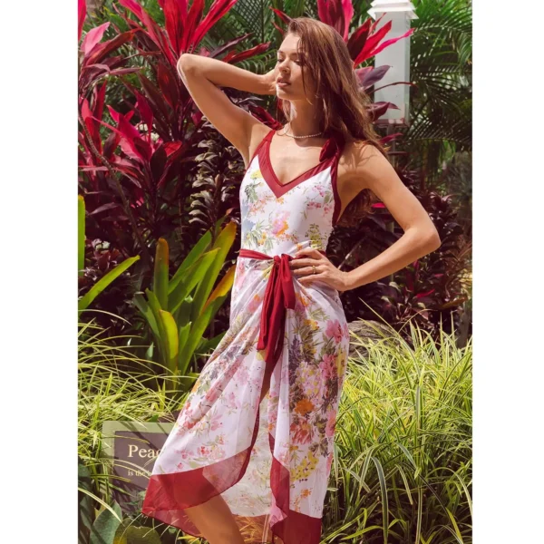 Simple One-Piece Women Swimsuit Vintage Print Deep V Bikini Kimono Fashion Cover-Up Swimwear Summer Beach Wear Chiffon Skirt - Image 2