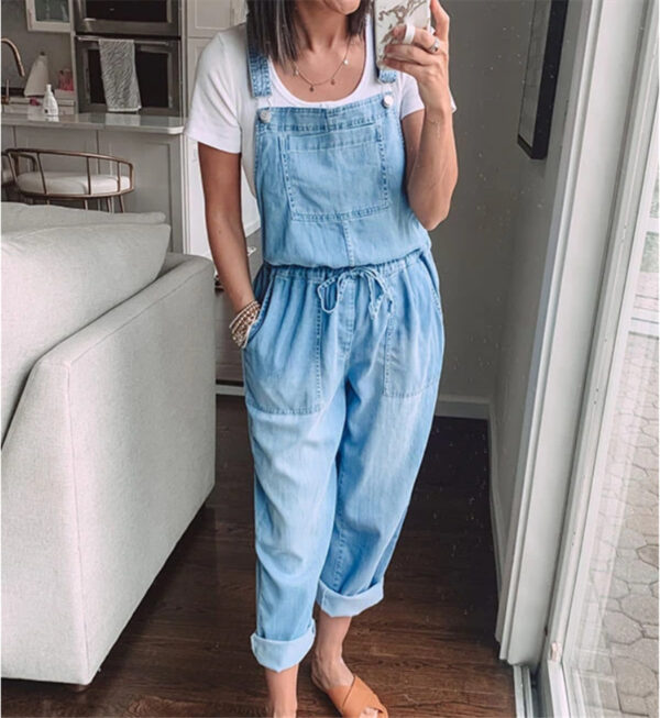 Spring Summer Drawstring Denim Overalls Women's Simple Casual With Stylish Pocket Slim Slim Feet Denim Pants - Image 3