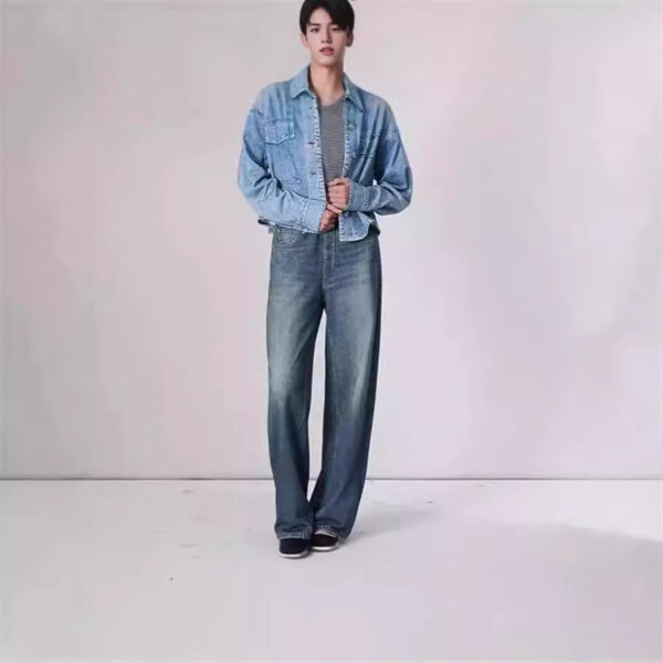 Retro mid rise women's jeans floor length washed loose wide leg straight leg pants - Image 3