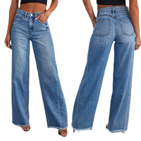 Loose wide leg side seam splicing, brushed hem denim jeans for women - Image 5