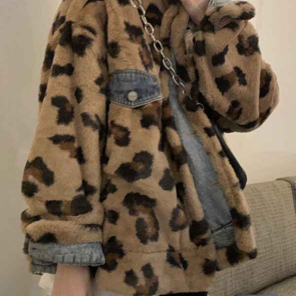 Loose slim cool and handsome leopard print imitation rabbit fur coat for winter - Image 2