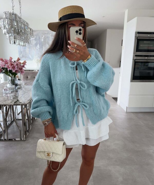 Round neck tie knitted cardigan jacket autumn and winter new style solid color commuting simple sweater for women - Image 9