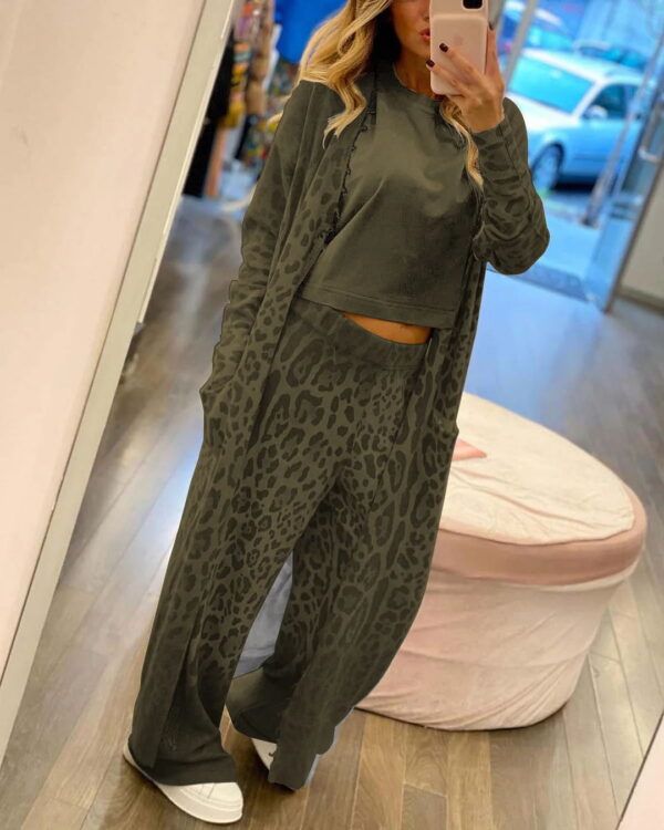 New leopard print long sleeved cardigan jacket, long pants set, two-piece set for women - Image 7