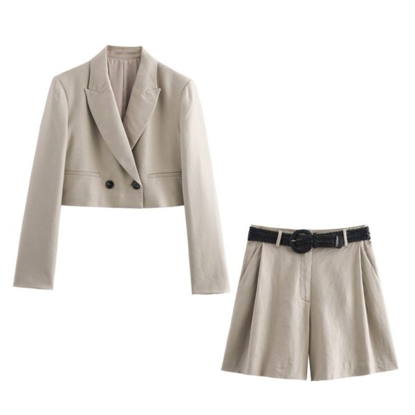 New double breasted short suit jacket with belt and casual shorts set - Image 4