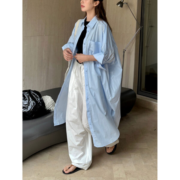 New Korean commuter oversized silhouette blue shirt casual slimming mid length top for women - Image 6