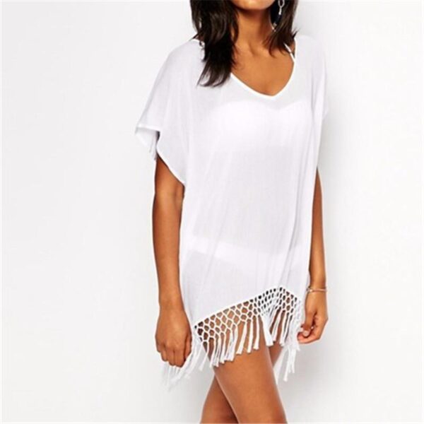 Beach Cover Up White Chiffon Tassel Swimwear Ladies Walk On The Beach Sexy Beach Cover Up Praia Beach Wear Q10 - Image 4