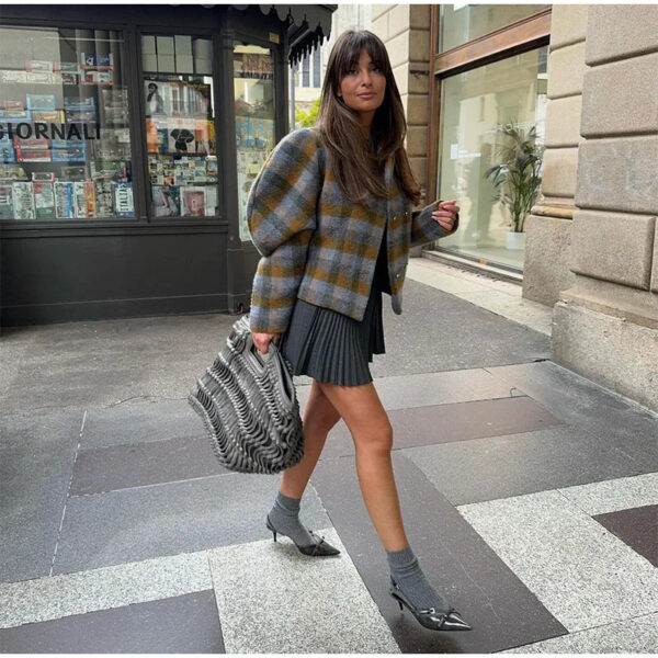 Autumn women's jacket with elegant retro style imitating wool plaid double breasted jacket - Image 4