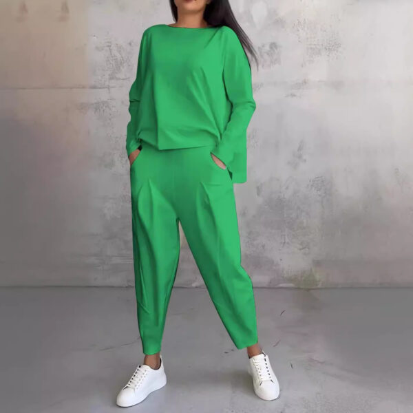 European and American solid color casual small footed round neck long sleeved set - Image 4