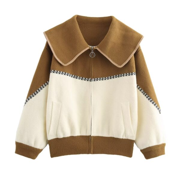 Color blocking collar zipper knitted double-sided cardigan design loose sweater jacket for women - Image 4