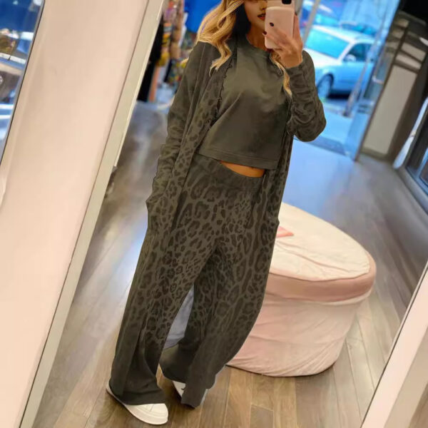 New leopard print long sleeved cardigan jacket, long pants set, two-piece set for women - Image 4