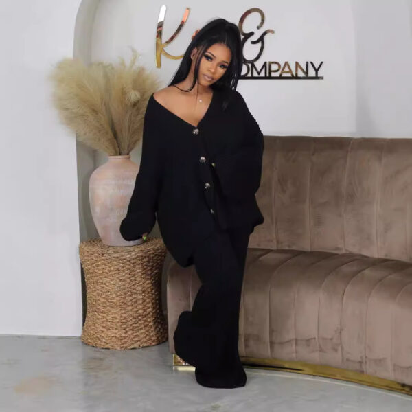Solid color V-neck breasted cardigan wide leg pants sweater set - Image 2