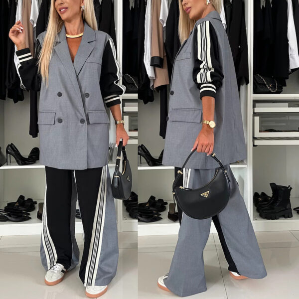 New long sleeved patchwork double breasted suit set loose two-piece set