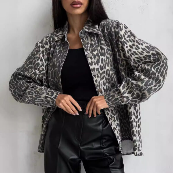 Street casual leopard print denim jacket for women, spring style, loose pocket, button fashion, retro denim jacket, mid length - Image 3