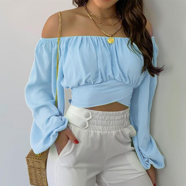 Spring/Summer European and American Women's Wear Women's Off Shoulder Cross Tie Long Sleeve Top - Image 3