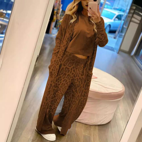 New leopard print long sleeved cardigan jacket, long pants set, two-piece set for women - Image 3