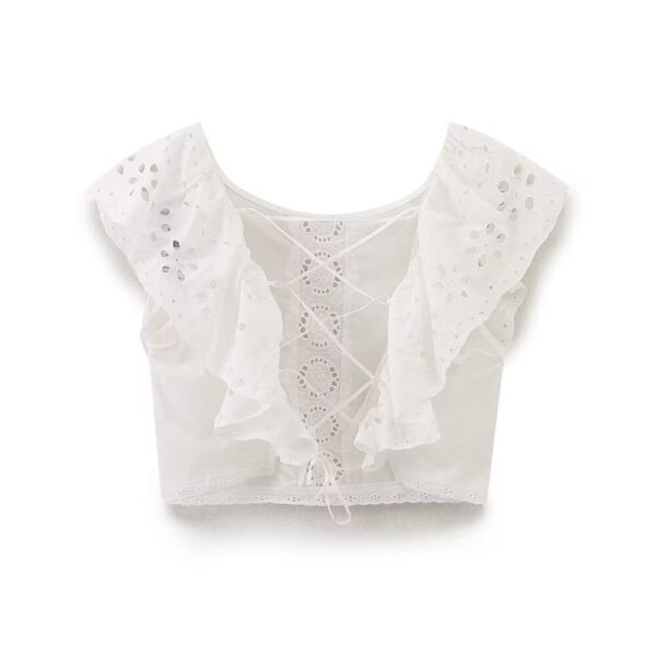 Stylish V-neck cross tie embroidered solid color shirt - Image 5
