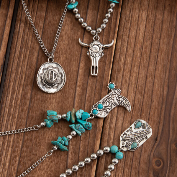 Ins style turquoise denim necklace set punk alloy multi-layer collarbone chain - Image 4