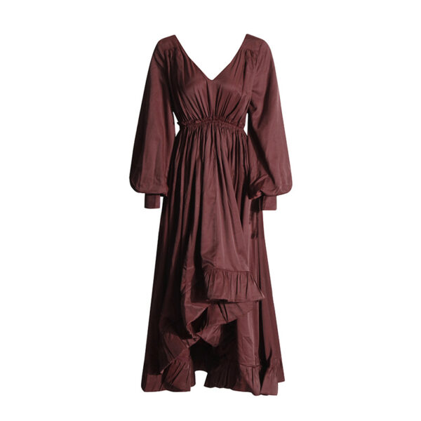 Fashionable and elegant style, deep V-neck lantern sleeves, pleated lotus leaf edge length dress for women - Image 2