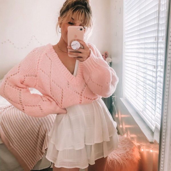 Women's Autumn/Winter Knitted Sweater V-neck Sexy Hollow Long Sleeve Loose Fashion Knitted Sweater Top for Women - Image 2