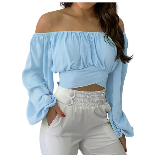 Spring/Summer European and American Women's Wear Women's Off Shoulder Cross Tie Long Sleeve Top - Image 7