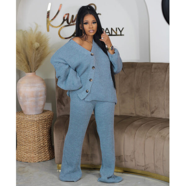 Solid color V-neck breasted cardigan wide leg pants sweater set - Image 11