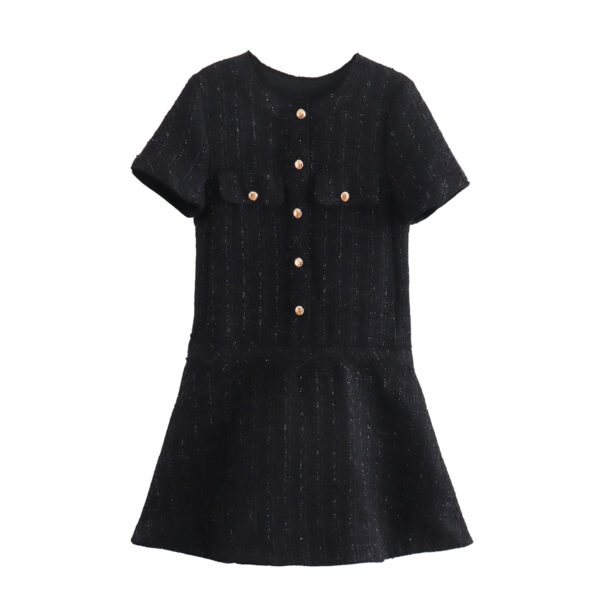 European and American round neck casual woolen button pocket decoration short sleeved dress short skirt for women - Image 5