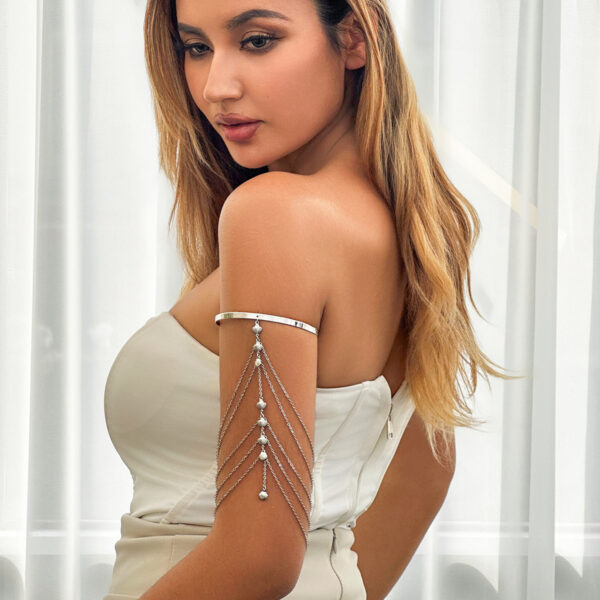 Fashionable and sexy multi-layer tassel bracelet inlaid with white anti pearl arm chain - Image 2