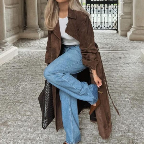 Flip collar large Lace up waist extended coat jacket Trendy Long Sleeve Women Women Jackets Coat - Image 3