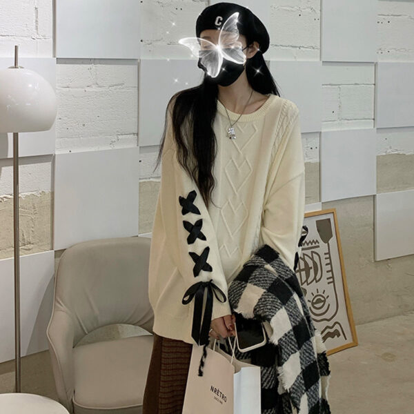 Cream tied sweater women's loose round neck pullover knit sweater - Image 5