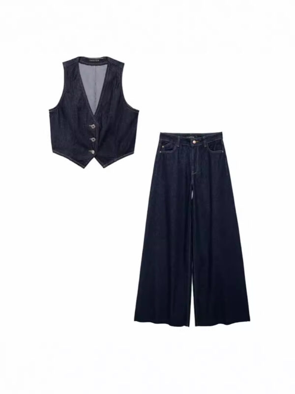 Fashionable and versatile wide leg comfortable casual high waisted denim top+pants set - Image 6