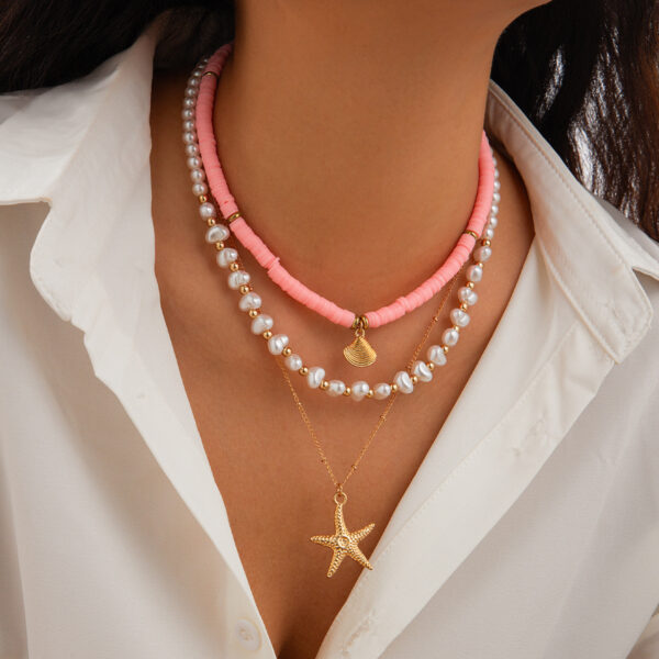 Beach style ocean shell bead necklace Baroque imitation pearl starfish collarbone chain - Image 3