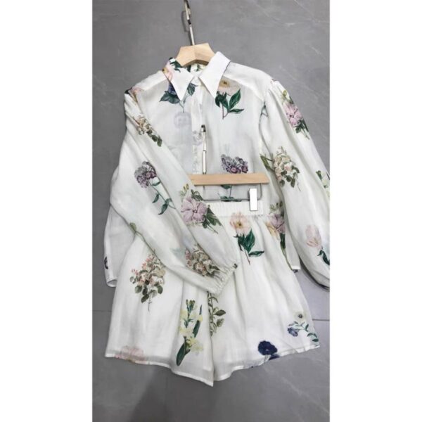 Summer fashion two-piece temperament white printed shirt with long sleeves and loose fit