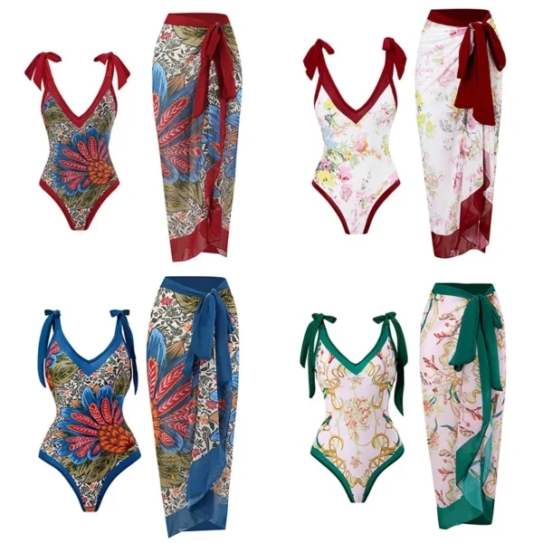 Simple One-Piece Women Swimsuit Vintage Print Deep V Bikini Kimono Fashion Cover-Up Swimwear Summer Beach Wear Chiffon Skirt - Image 6