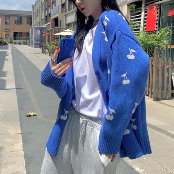 Lazy style knitted cardigan Korean version cherry V-neck loose and versatile long sleeved sweater jacket for women