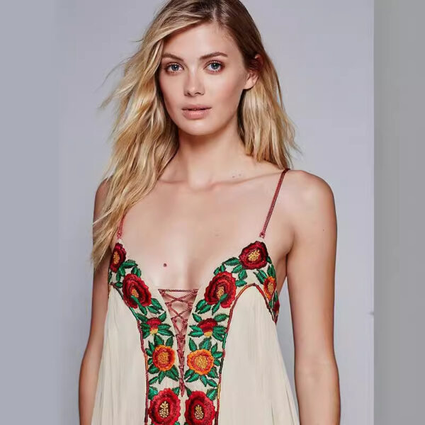 Colorful flower embroidery V-neck backless camisole vacation dress long skirt - Image 2