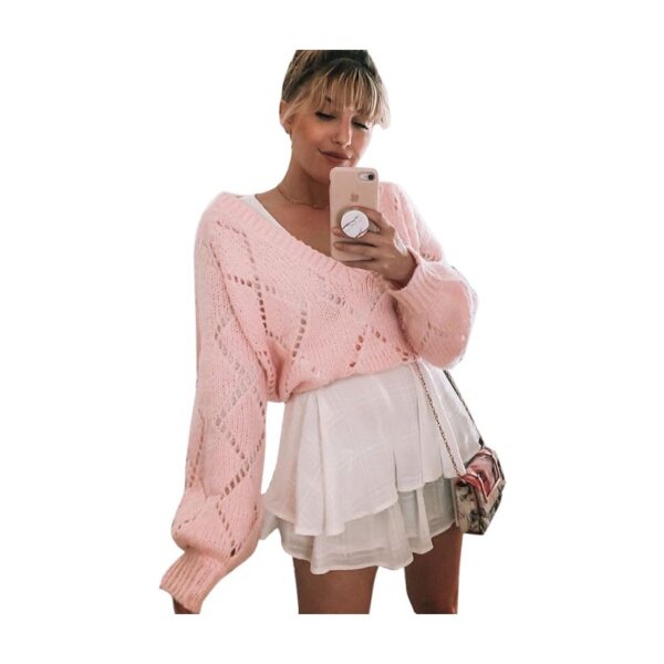 Women's Autumn/Winter Knitted Sweater V-neck Sexy Hollow Long Sleeve Loose Fashion Knitted Sweater Top for Women - Image 5