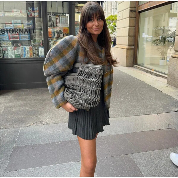 Autumn women's jacket with elegant retro style imitating wool plaid double breasted jacket - Image 2